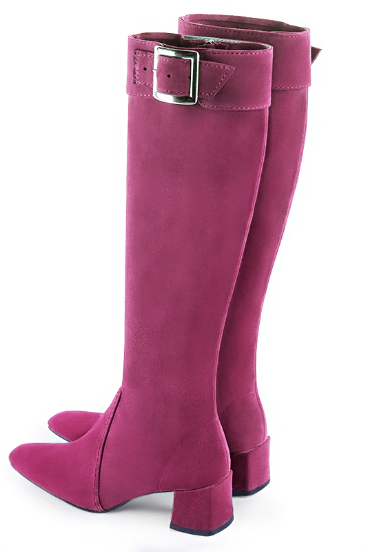 Fuschia pink women's feminine knee-high boots. Square toe. Medium block heels. Made to measure. Rear view - Florence KOOIJMAN